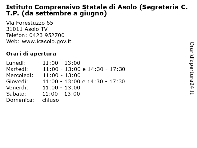 Orari di apertura Istituto Comprensivo Statale di Asolo